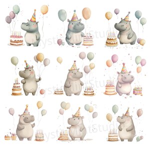 May include: Nine illustrations of hippos wearing party hats and holding birthday cakes with candles. Each hippo is surrounded by colorful balloons.