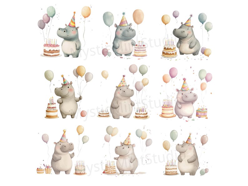 May include: Nine illustrations of hippos wearing party hats and holding birthday cakes with candles. Each hippo is surrounded by colorful balloons.