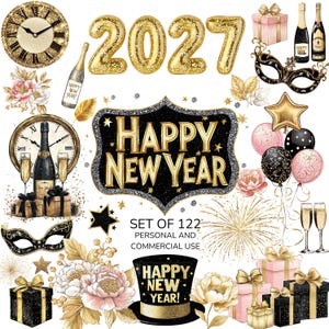 May include: A digital collection of New Year's Eve themed graphics including gold 2027 balloons, clocks, champagne bottles, gift boxes, masquerade masks, flowers, and a sign reading HAPPY NEW YEAR, with text stating SET OF 122 PERSONAL AND COMMERCIAL USE.