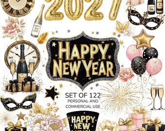 2027 Neujahr Clipart, Party-Grafiken, Planner Stickers, Gold Glitter PNGs, Champagner, Ballons, Uhr, Pfingstrosen, Sterne, kommerzielle Nutzung