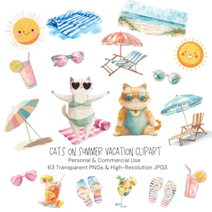 Summer Cats beach Acquerello Cute Cat Kitties Clipart/63 PNG e JPG di alta qualità/Artigianato e Scrapbooking, Download digitale/Uso commerciale