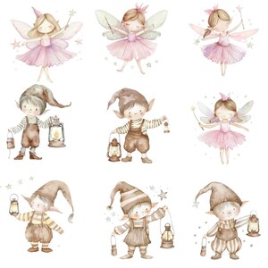 K&ouml;nnte beinhalten: Aquarell-Illustration von Feen und Elfen. Die Feen tragen rosa Kleider und haben Fl&uuml;gel. Die Elfen tragen braune Kleidung und tragen Laternen. Die Illustration ist vor einem wei&szlig;en Hintergrund.