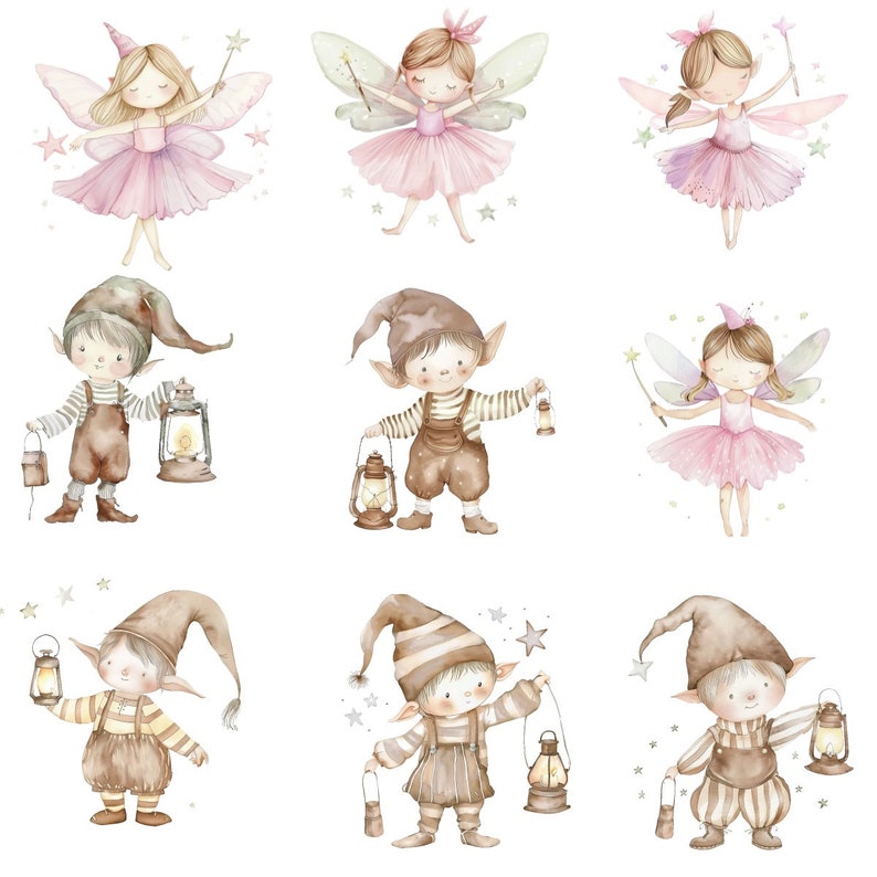 K&ouml;nnte beinhalten: Aquarell-Illustration von Feen und Elfen. Die Feen tragen rosa Kleider und haben Fl&uuml;gel. Die Elfen tragen braune Kleidung und tragen Laternen. Die Illustration ist vor einem wei&szlig;en Hintergrund.