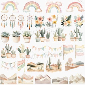 May include: A set of digital clipart featuring watercolor illustrations of rainbows, cacti, succulents, dreamcatchers, flowers, and desert landscapes. The illustrations are in a muted color palette of pink, green, brown, and beige.