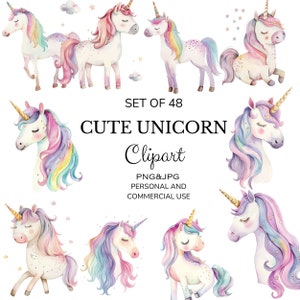 Simpatica clipart unicorno, arte della parete ad acquerello, decorazione della scuola materna, regalo di compleanno, PNG e JPG - Download digitale ad alta risoluzione per uso commerciale