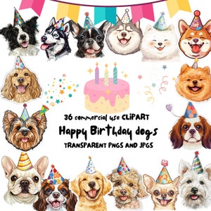 Birthday Dog Breeds Clipart Bundle,Dogs Party Clipart, Watercolor Birthday Dogs,Puppy Portrait Clipart,PNGs and JPGs for Commercial Use
