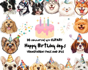Birthday Dog Breeds Clipart Bundle,Dogs Party Clipart, Watercolor Birthday Dogs,Puppy Portrait Clipart,PNGs and JPGs for Commercial Use