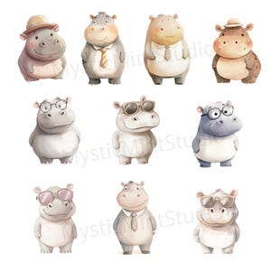 May include: A set of ten digital illustrations of hippos in various poses and outfits. The hippos are wearing hats, sunglasses, and ties. Some are wearing glasses. The hippos are all in a cartoon style and have a friendly expression.