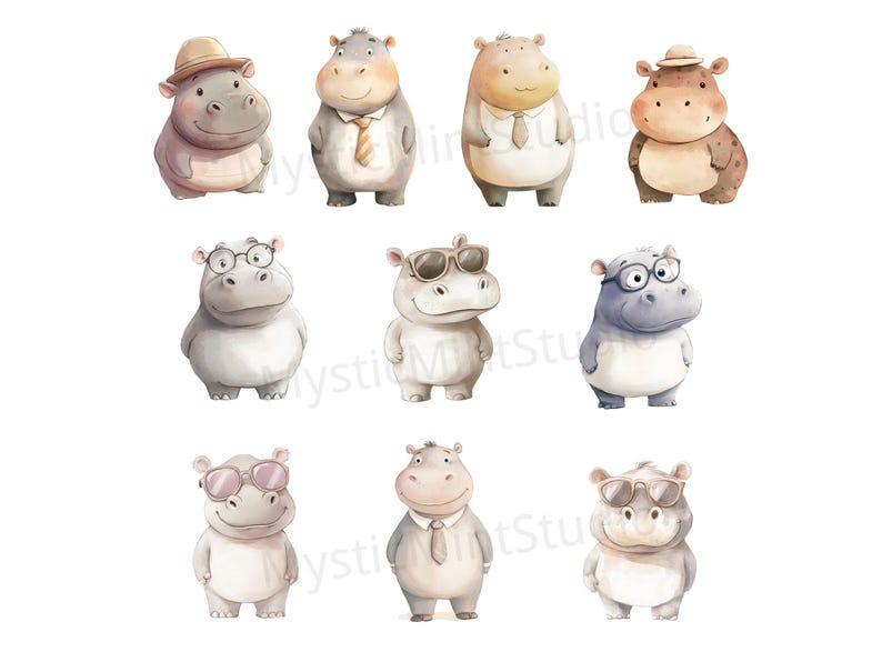 May include: A set of ten digital illustrations of hippos in various poses and outfits. The hippos are wearing hats, sunglasses, and ties. Some are wearing glasses. The hippos are all in a cartoon style and have a friendly expression.