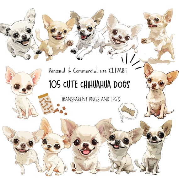 Cute Chihuahua Clipart, Dog Clipart, Puppy Clipart | PNG and JPG | Sublimation, Wall Art, Junk journal, Digital Download | Commercial Use