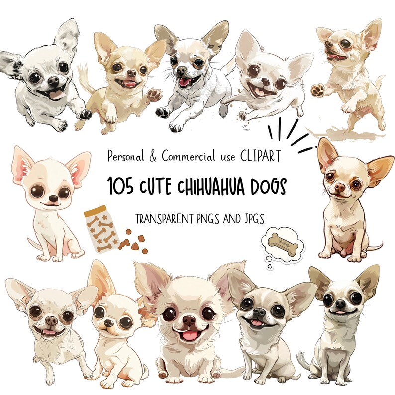 K&ouml;nnte beinhalten: Ein digitales Clipart-Set mit 105 niedlichen Chihuahua-Hunden in verschiedenen Posen. Die Hunde sind wei&szlig; mit braunen Markierungen und haben gro&szlig;e, ausdrucksstarke Augen. Der Text "105 CUTE CHIHUAHUA DOGS" wird in der Mitte des Bildes angezeigt. Der Text "Personal & Commercial use CLIPART" wird &uuml;ber dem Text "105 CUTE CHIHUAHUA DOGS" angezeigt. Der Text "TRANSPARENT PNGS AND JPGS" wird unter dem Text "105 CUTE CHIHUAHUA DOGS" angezeigt.