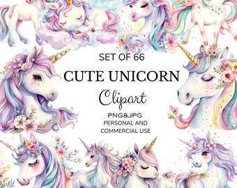 Cute Unicorn Clipart, Watercolor Wall art, Nursery Decor, Birthday Gift, PNGs and JPGs - High-Resolution Digital Download for Commercial Use