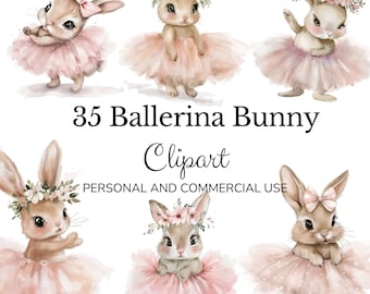 Ballerina Bunny Watercolor Cute bunnies in tutus Clipart 35 High-Resolution PNGs and JPGs, Instant Download for Commercial Use