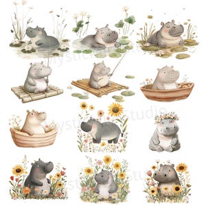 May include: A set of 10 digital clipart images featuring cute cartoon hippos in various poses and settings. The hippos are depicted in a watercolor style with soft colors and delicate details. The images include hippos in boats, on lily pads, and surrounded by flowers.
