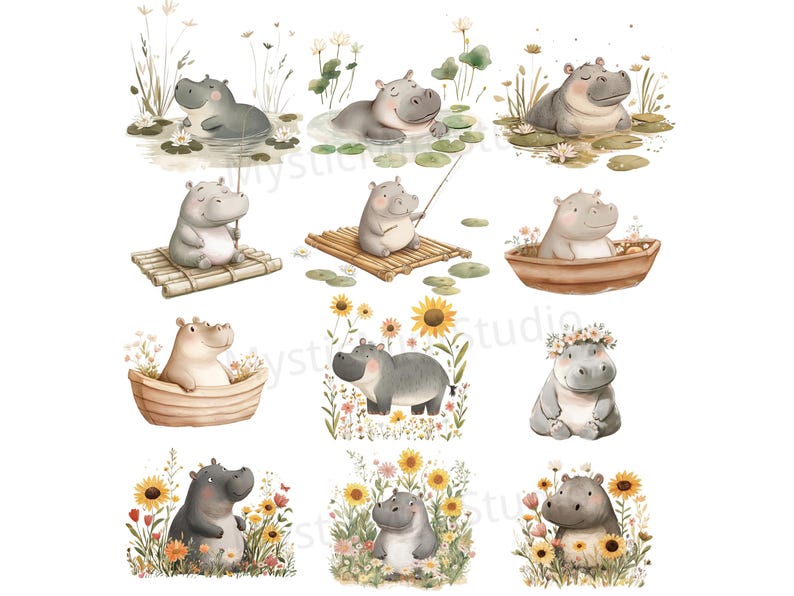 May include: A set of 10 digital clipart images featuring cute cartoon hippos in various poses and settings. The hippos are depicted in a watercolor style with soft colors and delicate details. The images include hippos in boats, on lily pads, and surrounded by flowers.