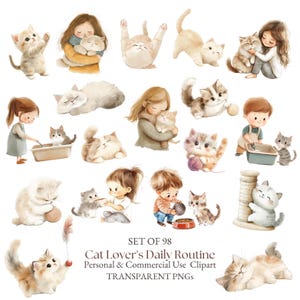 Clipart di gatti carini / Clipart di gattini ad acquerello l Clipart di amanti dei gatti l PNG di gatti che giocano l Clipart di cura degli animali domestici l Clipart di alimentazione dei gatti / Gatto giocoso
