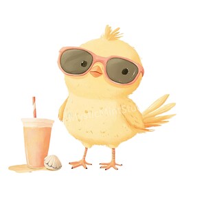 May include: A watercolor illustration of a yellow chick wearing pink sunglasses. The chick stands next to a pink drink with a straw and a seashell. The chick has a relaxed, summery vibe.