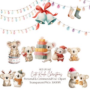 Cute Watercolor Koala Christmas Clipart | Holiday Koala PNG | Australian Christmas Art | Santa Koala Clipart | Nursery Festive Animal Art