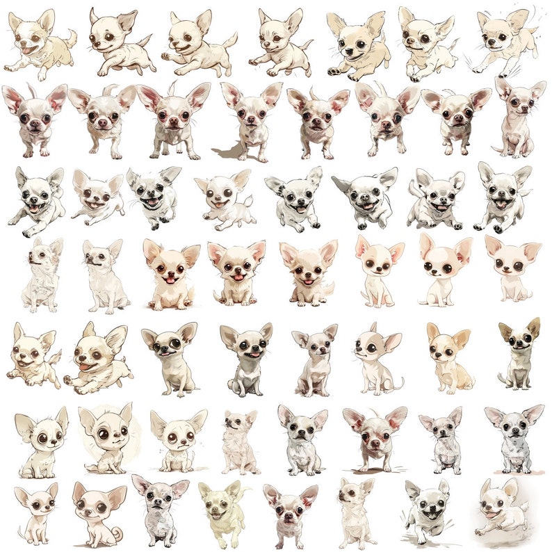 K&ouml;nnte beinhalten: Eine Sammlung von 50 digitalen Illustrationen verschiedener Chihuahua-Hunde in verschiedenen Posen. Die Hunde sind alle wei&szlig; mit braunen Markierungen und im Cartoon-Stil gezeichnet.
