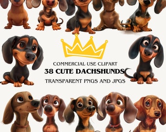 Dachshund Clipart, Sausage Dog Clipart, 38 High-Resolution PNGs and JPGs, Instant Download for Crafting Baby Animals Clipart Commercial Use