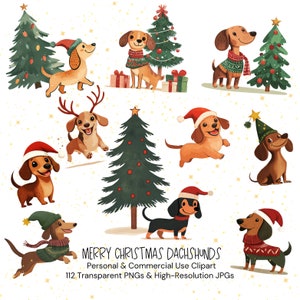 Christmas Dachshund Clipart, Festive Sausage Dog Clipart, Holiday Dachshund Clipart | 112 PNGs and JPGs | Digital Download | Commercial Use