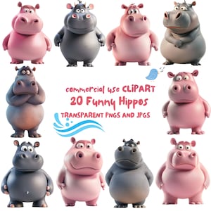 Lustige Nilpferde Nilpferd Clipart, 20 hochauflösende PNGs und JPGs, Sofortiger Download 3D süße Nilpferde Tiere Clipart für kommerzielle Nutzung