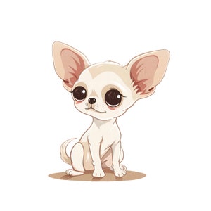 K&ouml;nnte beinhalten: Eine Cartoon-Illustration eines kleinen, wei&szlig;en Chihuahuas mit gro&szlig;en, braunen Augen. Der Chihuahua sitzt auf einer hellbraunen Oberfl&auml;che.