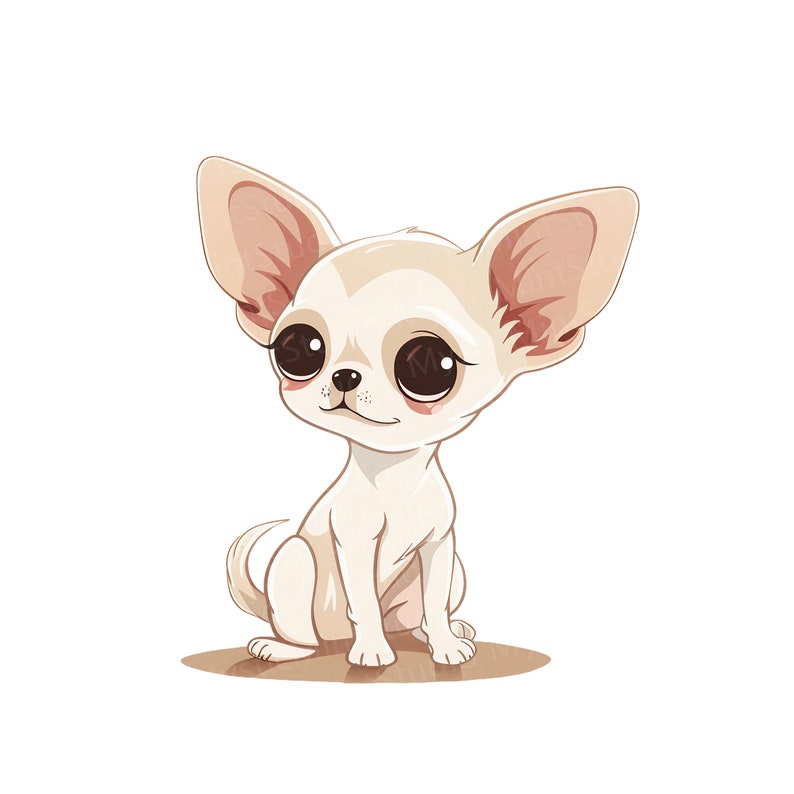 K&ouml;nnte beinhalten: Eine Cartoon-Illustration eines kleinen, wei&szlig;en Chihuahuas mit gro&szlig;en, braunen Augen. Der Chihuahua sitzt auf einer hellbraunen Oberfl&auml;che.