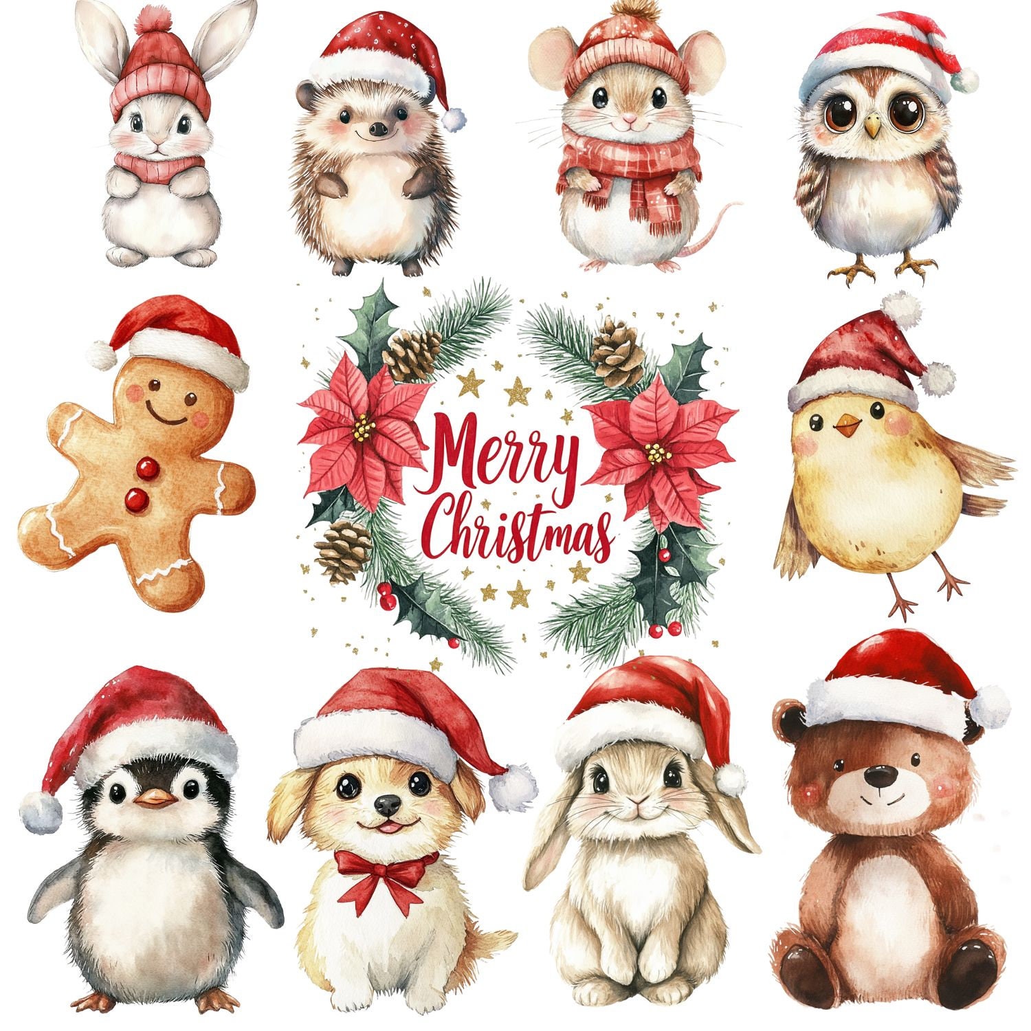 Woodland Christmas Clipart, Watercolor Winter Animals, 337 Pngs, Cute ...