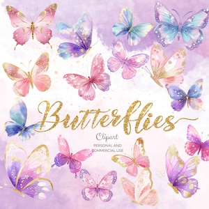 Clipart de aquarela de borboletas, 39 PNGs e JPGs de alta resolução, download instantâneo de borboletas de primavera para uso comercial