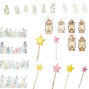 K&ouml;nnte beinhalten: Aquarell-Illustrationen verschiedener Elemente, darunter gr&uuml;ne Bl&auml;tter, rosa und braune Zweige, gelbe und rosa Sterne auf St&ouml;cken und braune Laternen mit gelbem Schein.