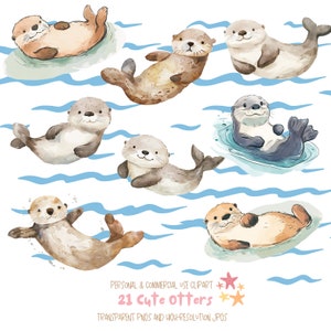 Aquarell Süßer Otter Clipart,Seeotter Clipart|Kinderzimmer Clipart,Basteln und Scrapbooking|21 PNG und JPG Dateien|Digitaler Download|Kommerzielle Nutzung
