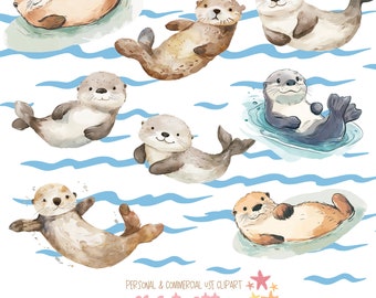 Watercolor Cute Otter Clipart,Sea Otter Clipart|Nursery Clipart,Crafts and Scrapbooking|21 PNG and JPG Files|Digital Download|Commercial Use