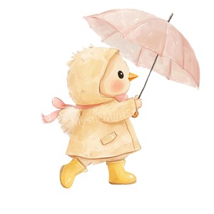 May include: Watercolor illustration of a chick wearing a yellow raincoat, boots, and a pink scarf, holding a pink umbrella. The chick is walking, with a happy expression. The image has a soft, pastel color palette.