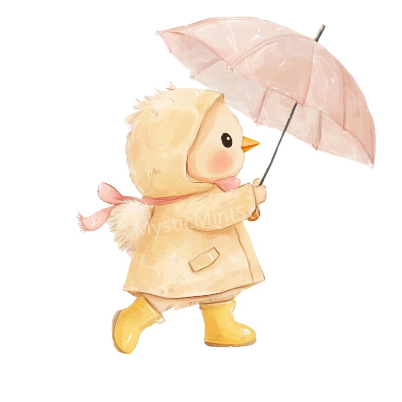 May include: Watercolor illustration of a chick wearing a yellow raincoat, boots, and a pink scarf, holding a pink umbrella. The chick is walking, with a happy expression. The image has a soft, pastel color palette.