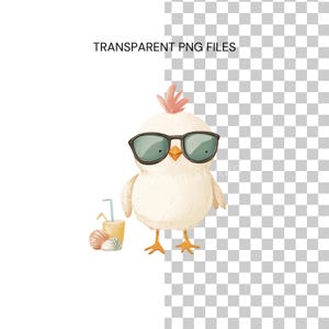 May include: A watercolor illustration of a chick wearing sunglasses and a drink with a straw. The chick is light yellow with orange feet and a pink crest. The text "TRANSPARENT PNG FILES" is at the top.