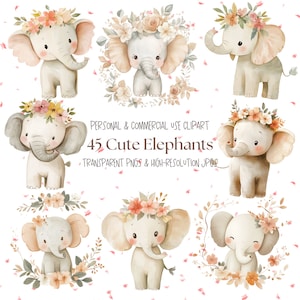 Schattige olifant clipartbundel | Aquarel olifant clipart l Floral olifant clipart l olifant kwekerij kunst l decor kwekerij l scrapbooking