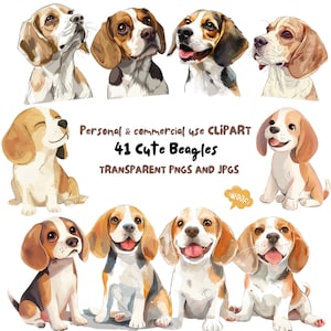 Cute Watercolor Beagle Dog Puppies Clipart|41 High-Quality PNG and JPG| Sublimation,Wall Art,Junk Journal,Digital Download|Commercial Use