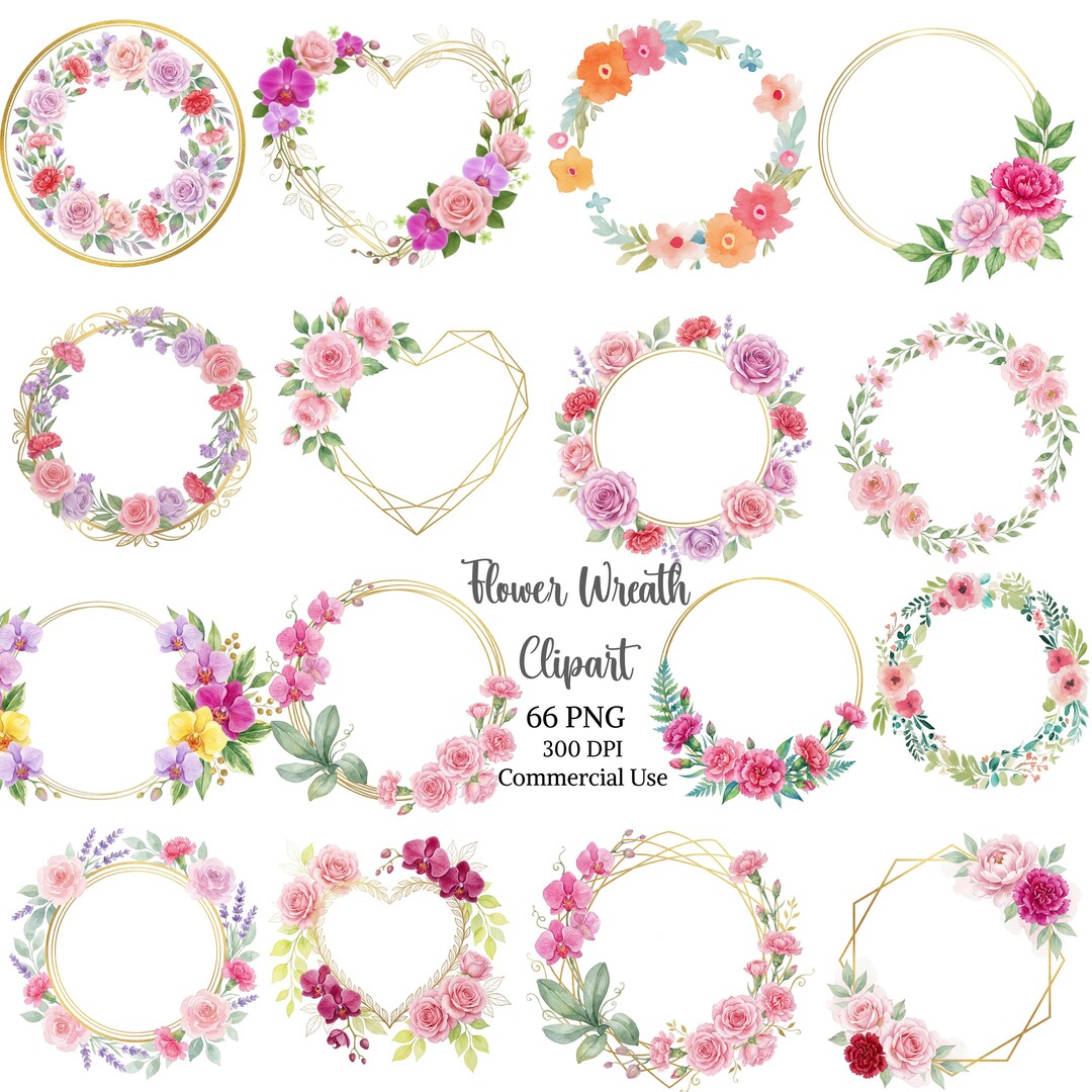 66 Watercolor Floral Wreath Clipart, Boho Chic Flower Frames, Pink ...
