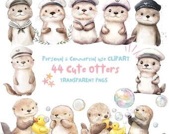 Watercolor Cute Otter Clipart, Sea Otter Clipart|Nursery Clipart, Crafts and Scrapbooking|44 PNG Files|Digital Download|Commercial Use