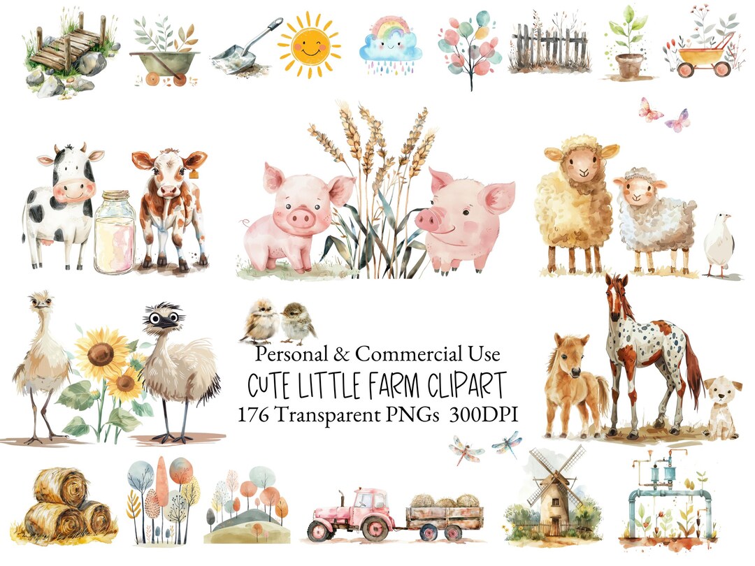 Watercolor Farm Animal Clipart Bundle | Pig Clipart | Goose Clipart ...