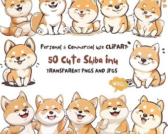 Puede incluir: Un conjunto de 50 imágenes de clipart digitales con adorables perros Shiba Inu en varias poses. Las imágenes están en formato PNG y JPG y son perfectas para uso personal y comercial.