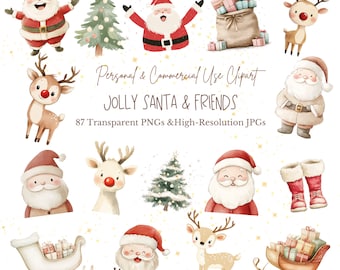 Watercolor Christmas Clipart | Santa Clipart | Cute Rudolph Clipart | Boho Christmas Clipart | 87 PNG and JPG Files | Digital Download