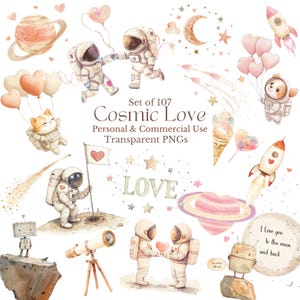 Clipart Saint-Valentin à l'aquarelle | Clipart astronaute mignon | Clipart espace romantique | Clipart Saint-Valentin |  Clipart planète coeur