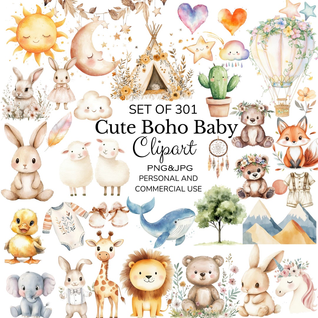 301 Watercolor Boho Baby Clipart | Newborn Animal Nursery Printable L ...