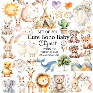 301 Clipart de bebê Boho em aquarela | Berçário de animais recém-nascidos para impressão l PNG para download | Arte de berçário Boho | Design de sublimação para decoração de chá de bebê