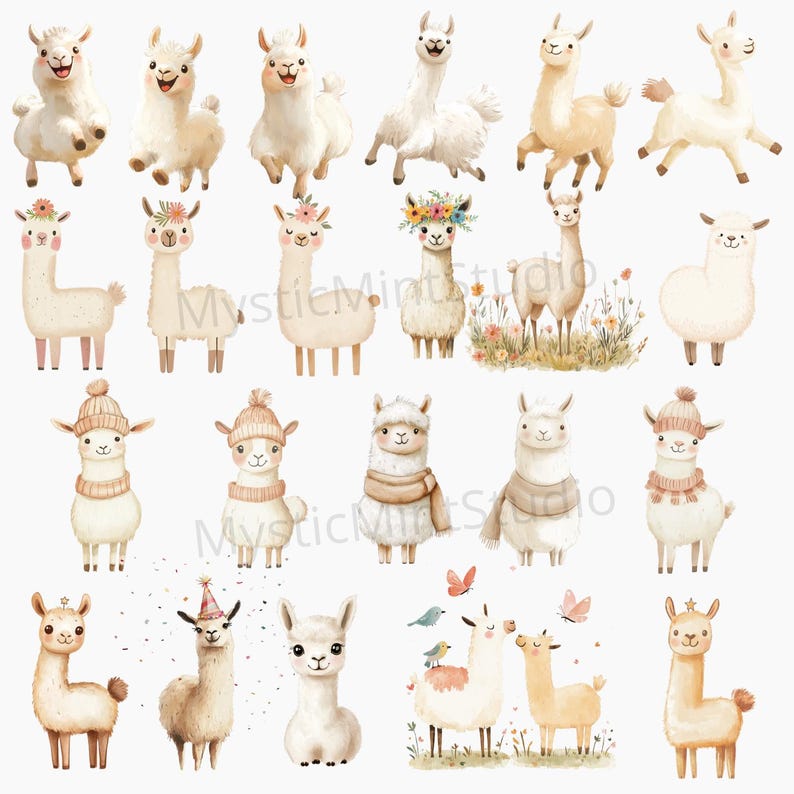 May include: A set of 20 digital clipart images featuring cute llamas in various poses and wearing different accessories. The llamas are illustrated in a watercolor style with soft colors and delicate details.