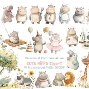 Niedliche Nilpferd Clipart | "Aquarell Nilpferd Clipart l Nilpferd Illustration l Kawaii Nilpferd PNG l Niedliches Tier l Kinderzimmer Dekor | Gärtnerische Kunst