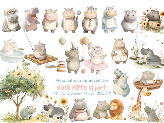 Cute Hippo Clipart | Watercolor Hippo Clipart l Hippo Illustration l Kawaii Hippo PNG l Cute Animal Clipart l Kids Room Decor | Nursery Art