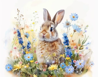 Cute Rabbit & Floral Watercolor Clipart, 24 High-Resolution JPGs, Instant Download for Crafting